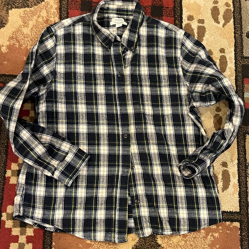 L.L. Bean Women's Plaid Button-Down Shirt in Navy, White, and Yellow